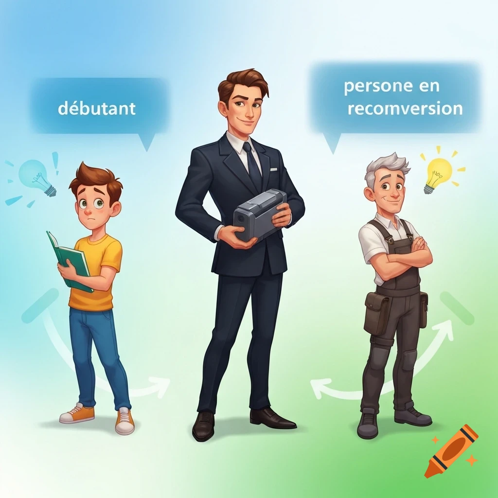 Cartoon illustration of a young boy labeled 'débutant' reading, a businessman holding a device, and an older man labeled 'personne en reconversion' in overalls.