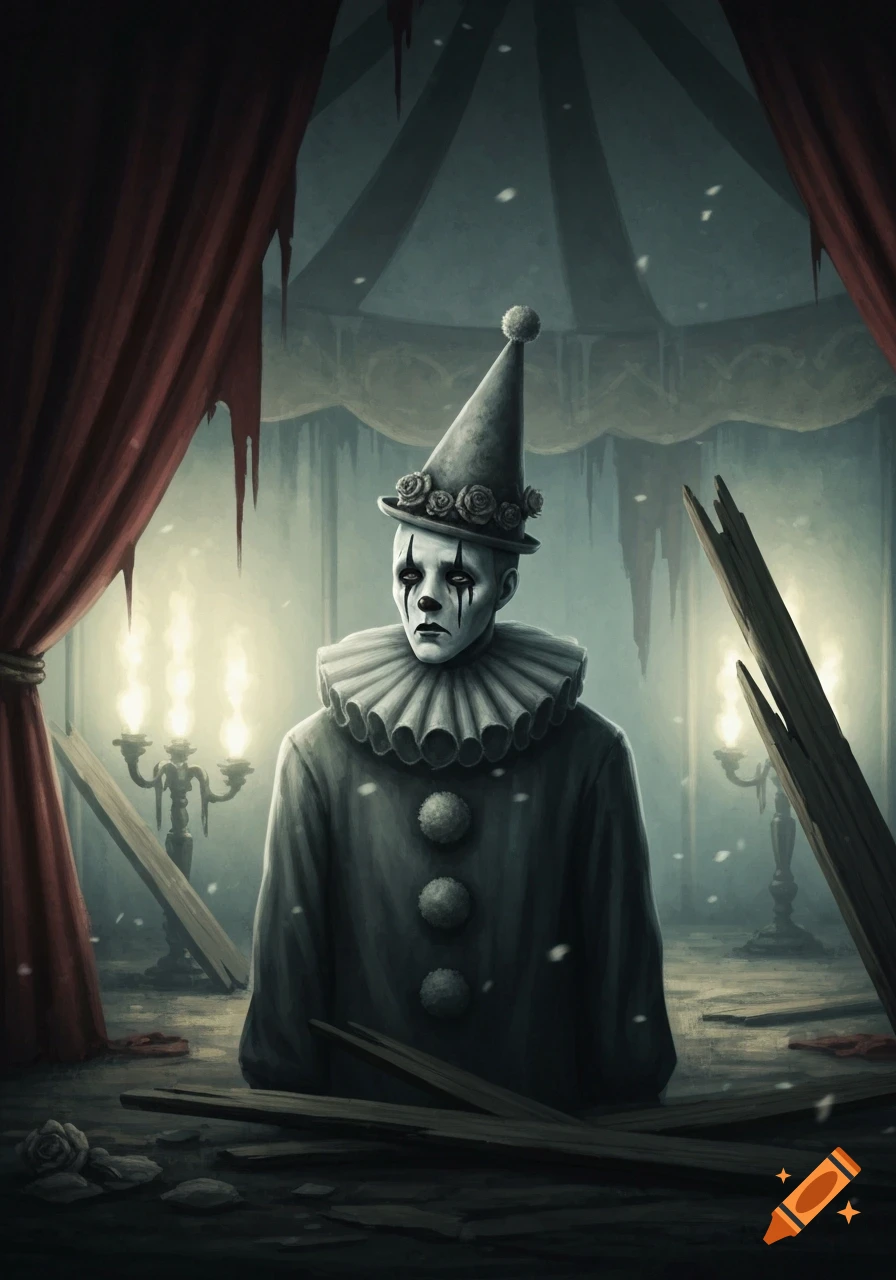 An eerie, gothic illustration of a pale Pierrot clown in a tattered circus tent with glowing candelabras and debris.