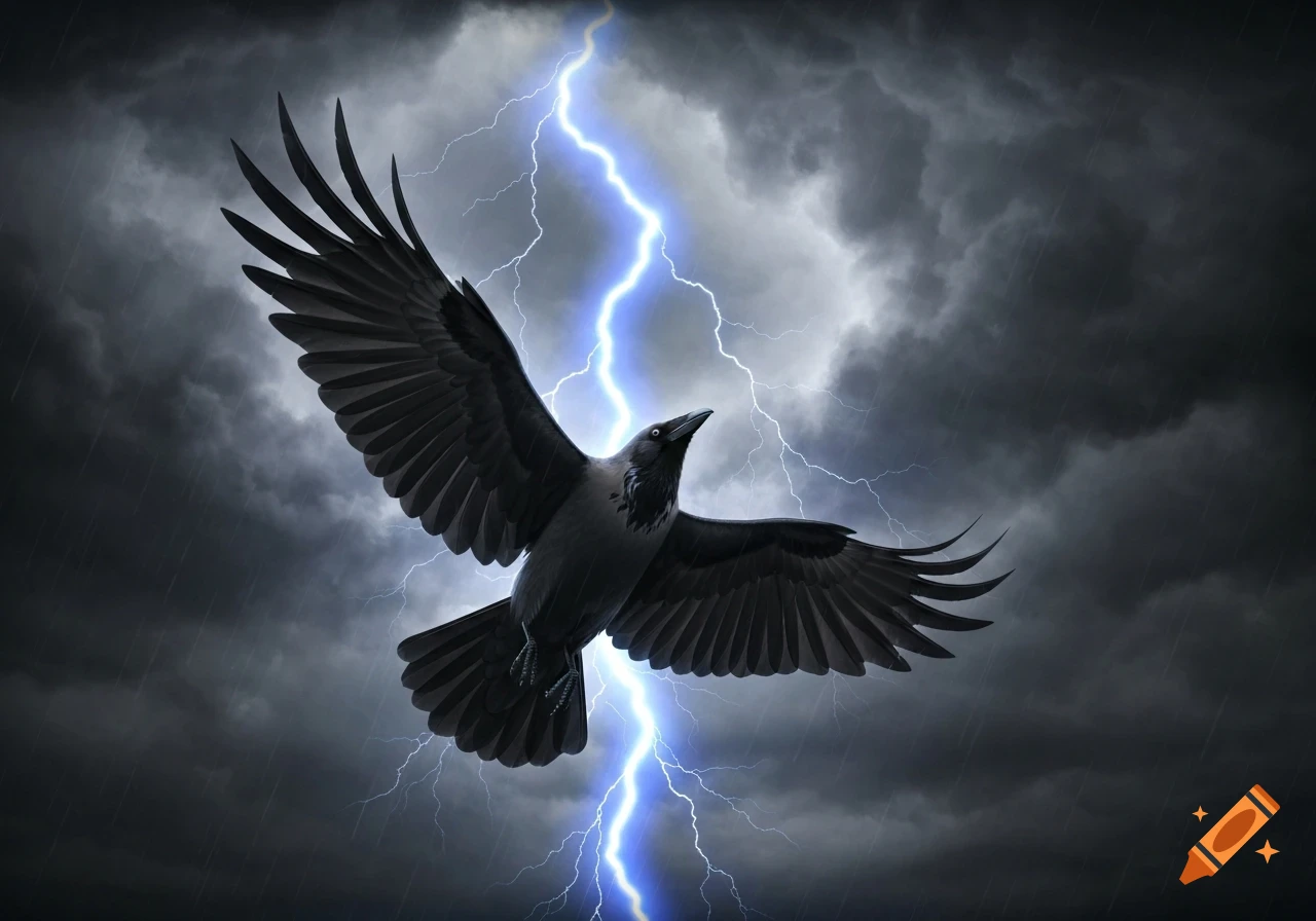 A black crow with spread wings flies through a dark, stormy sky with rain, as a bright blue lightning bolt strikes behind it.