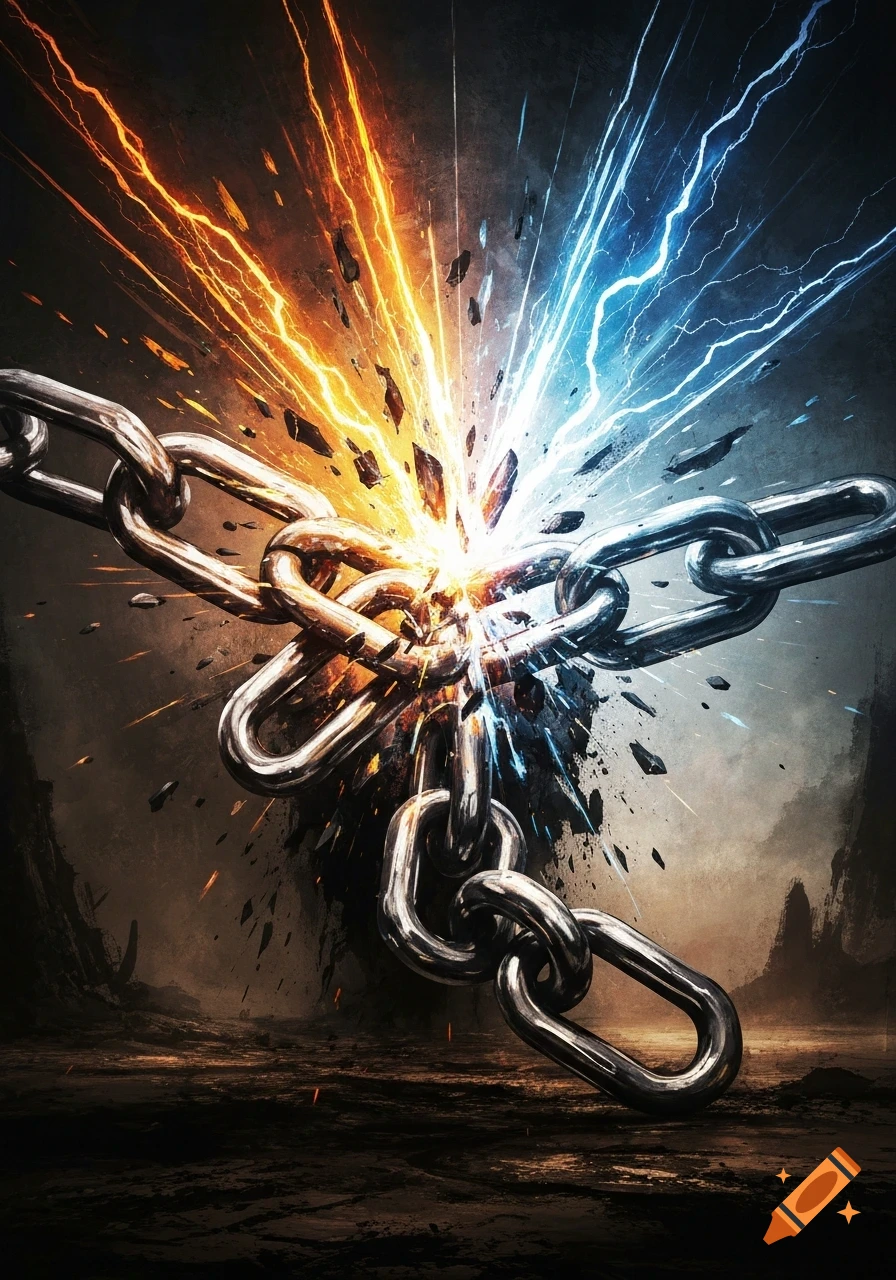 Heavy metal chains breaking apart in a burst of orange and blue energy against a dark, desolate background.