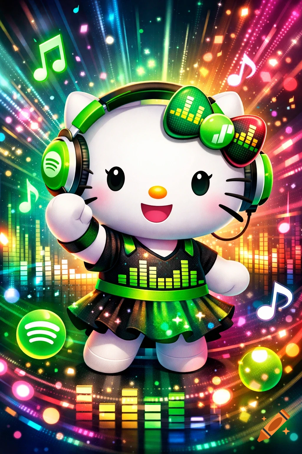 Hello Kitty wears Spotify headphones and a matching outfit, surrounded by musical notes and colorful equalizer bars in a vibrant, sparkling digital art style.
