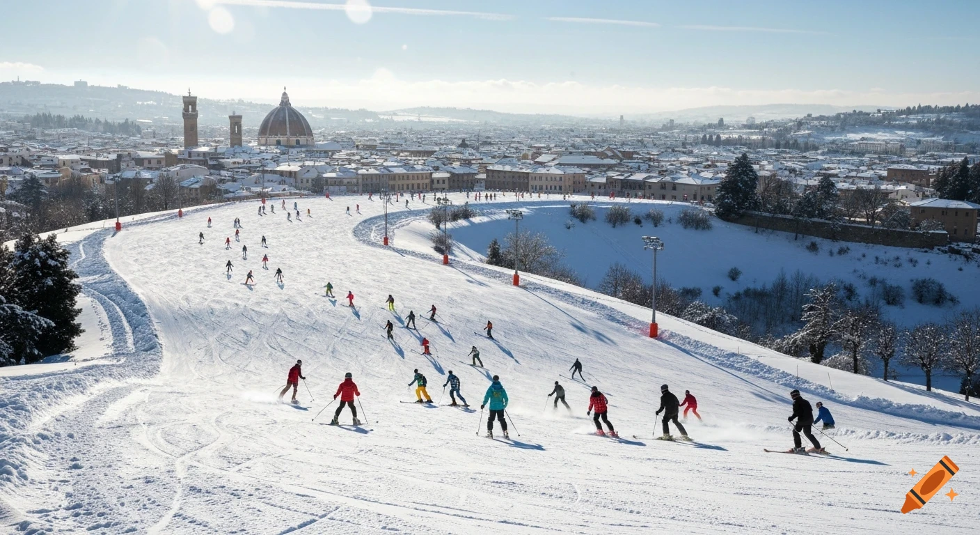 Panoramic view of snow-covered Florence skyline with dome and bell tower, as skiers descend a sunny, snowy hill in the foreground.