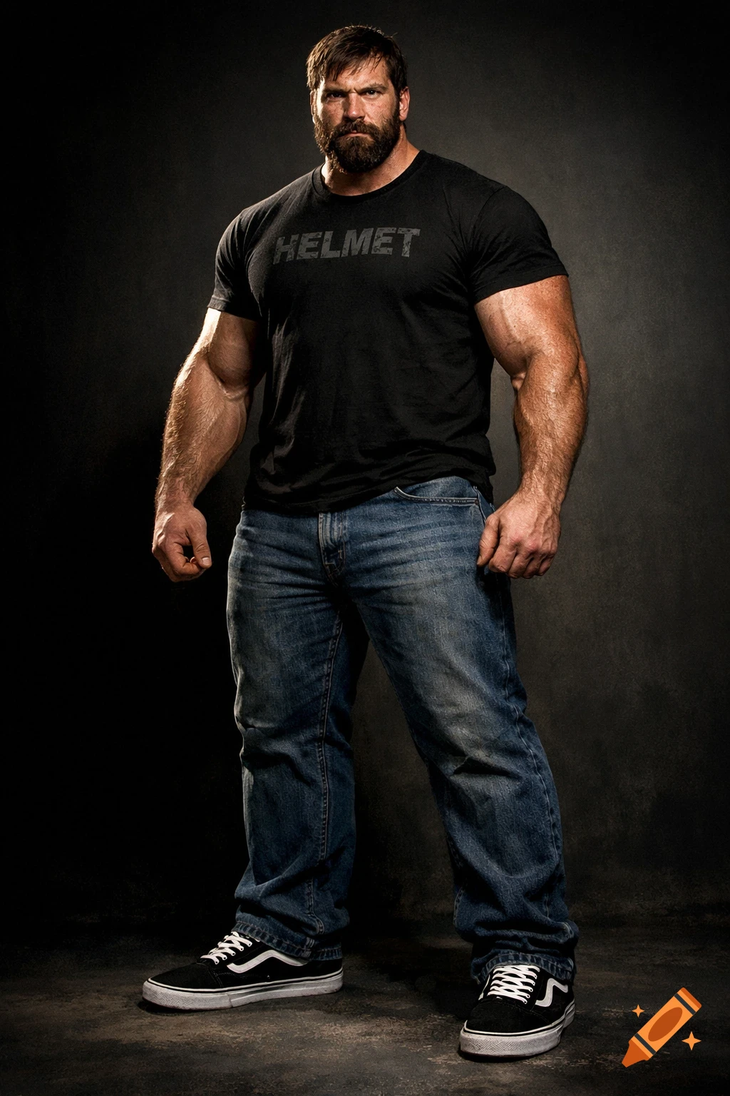 A very muscular man with a beard wearing a black 'HELMET' t-shirt, blue jeans, and black Vans shoes poses in a studio.