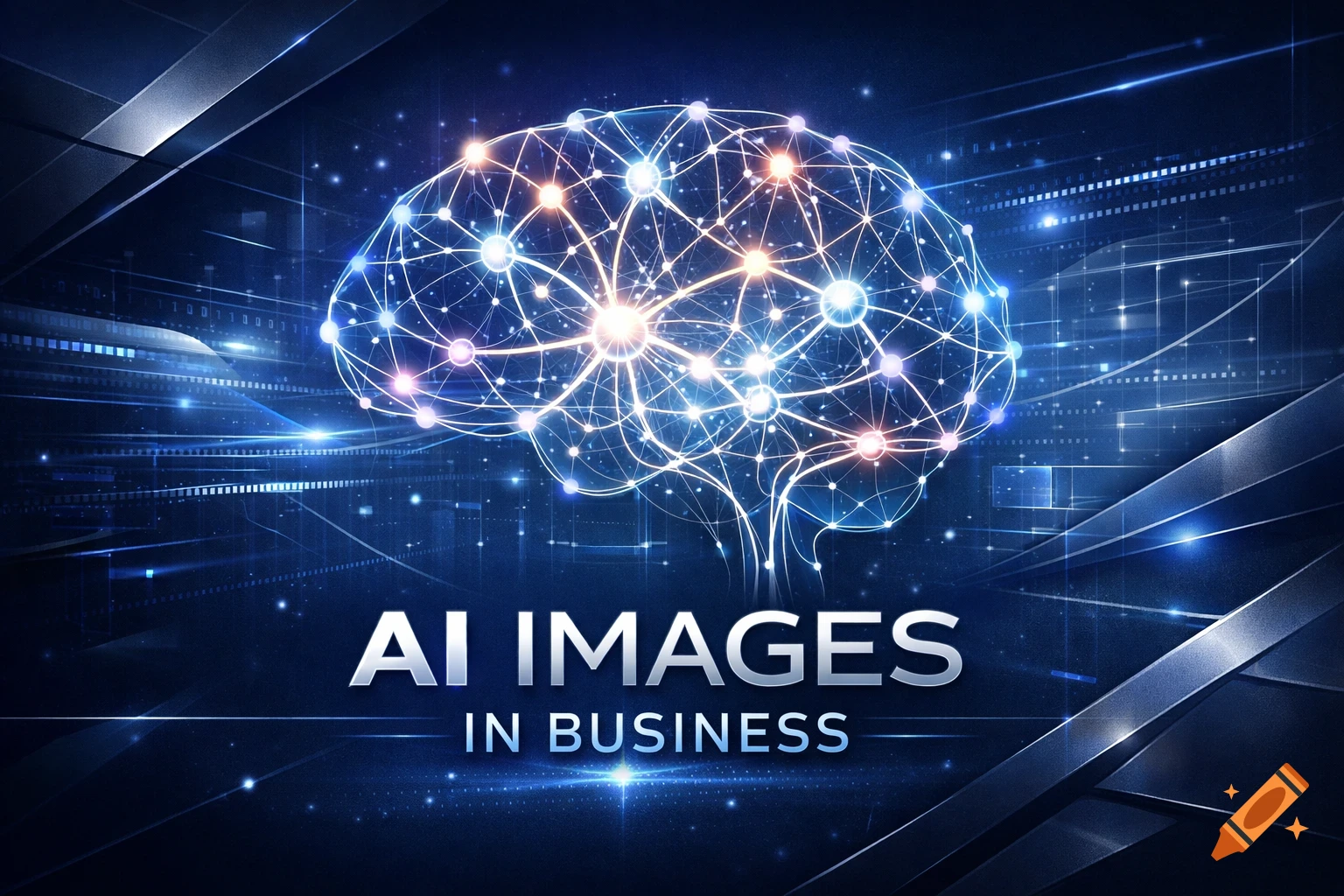 Stylized glowing brain network with 'AI IMAGES IN BUSINESS' text on a dark futuristic background.