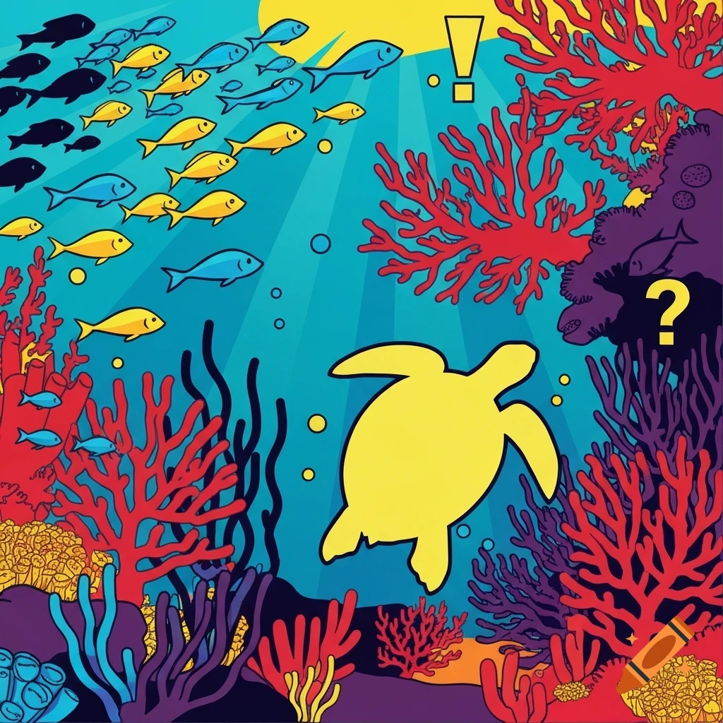 Pop art ocean scene with colorful coral, schools of fish, a yellow sea turtle, and yellow exclamation and question marks.