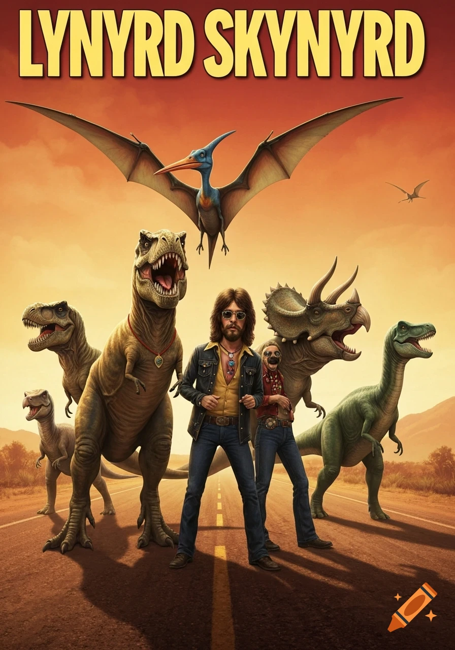 An illustrated album cover style image featuring Lynyrd Skynyrd band members and various dinosaurs on a desert road at sunset.
