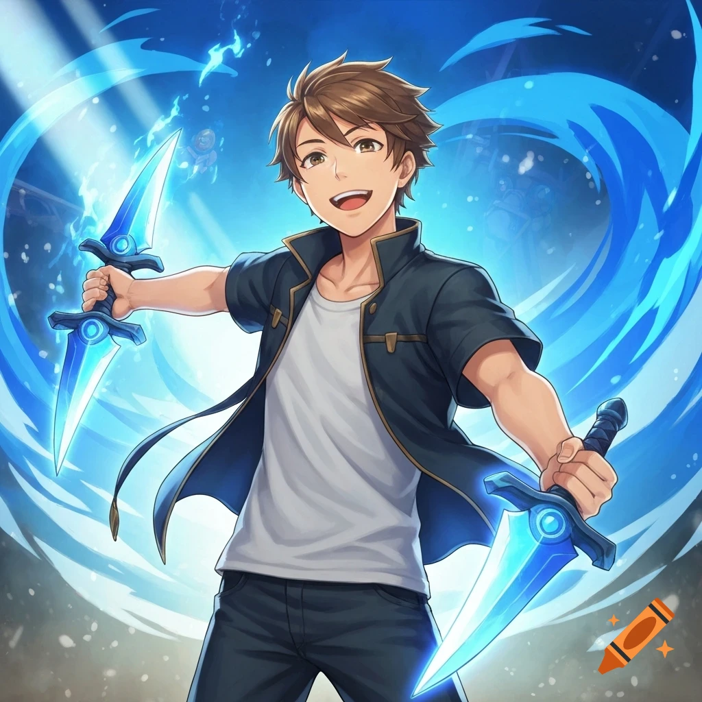 Smiling anime boy with brown hair holding two glowing blue daggers, surrounded by blue energy.
