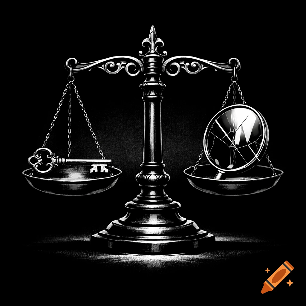 Black and white illustration of a balance scale with a key on one side and a broken mirror on the other.