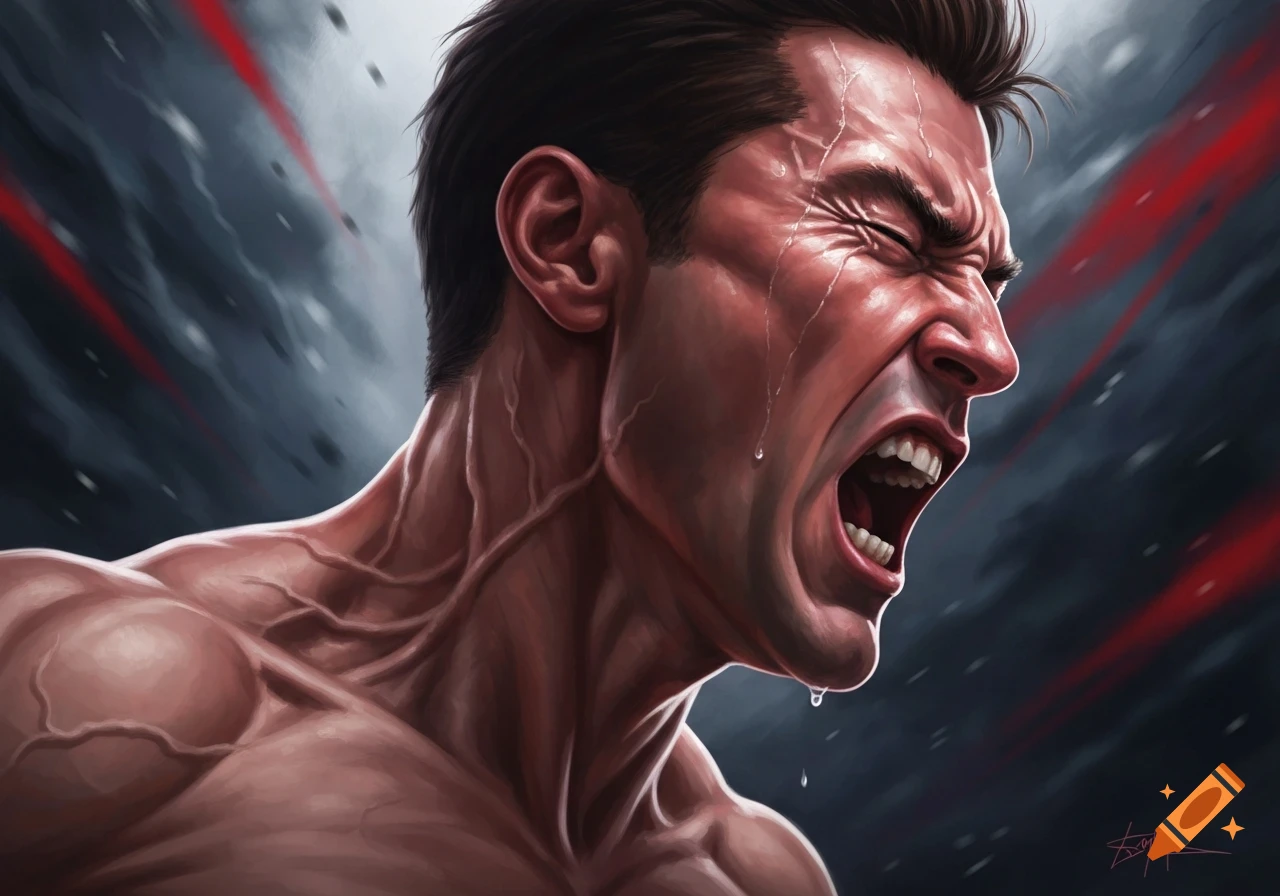 Close-up digital painting of an angry, screaming man with prominent veins and sweat, red streaks in the background.