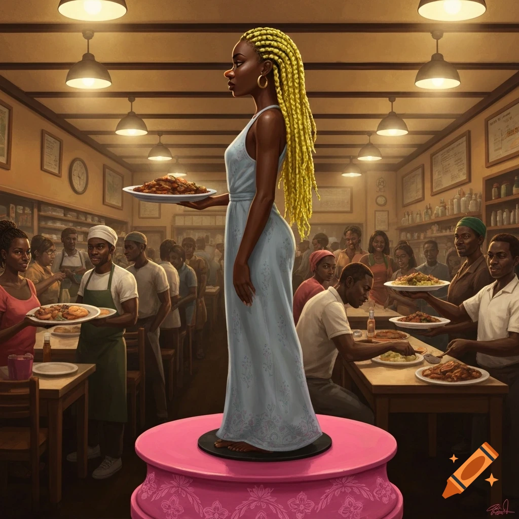 Illustration of a woman with lemon braids on a pink pedestal, holding food in a bustling African restaurant.