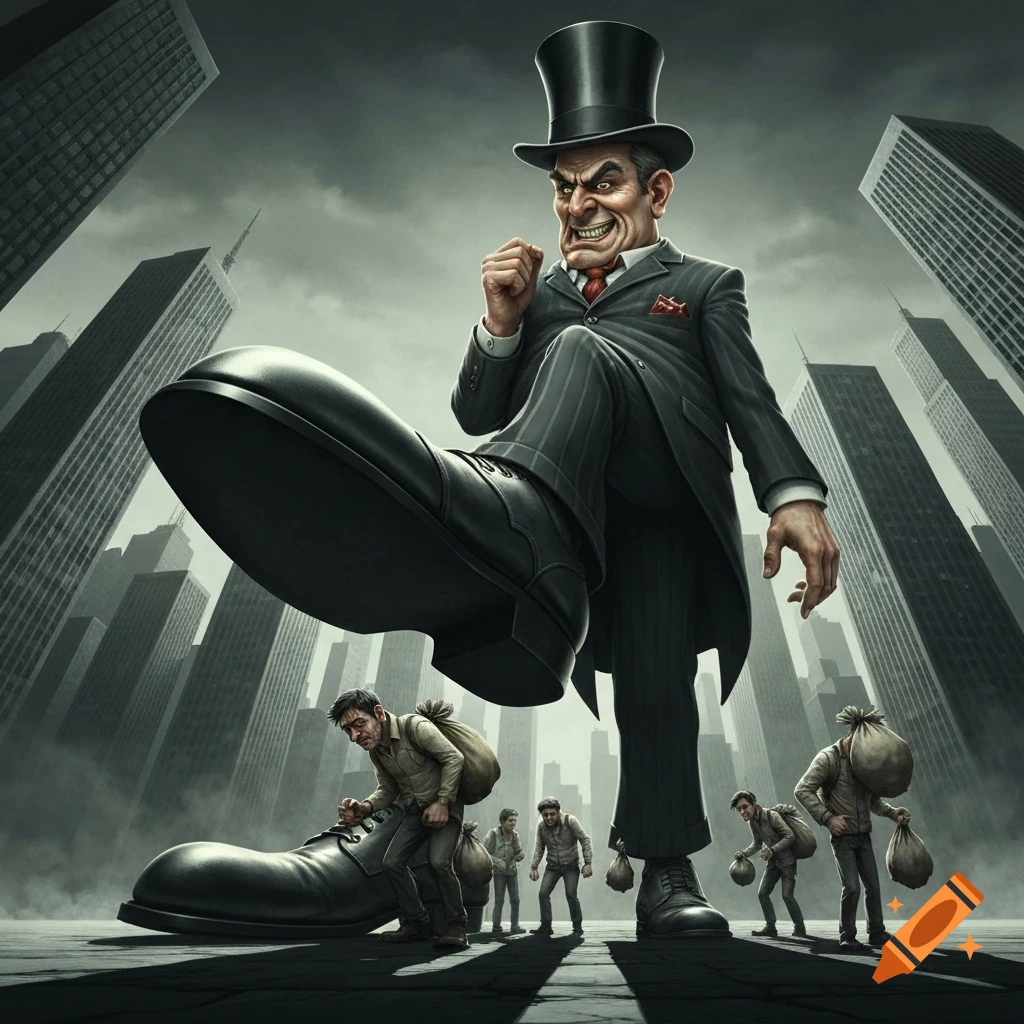 A giant, grinning, wealthy man in a top hat and pinstripe suit lifts his foot to crush tiny, weary workers carrying sacks, against a backdrop of city skyscrapers.
