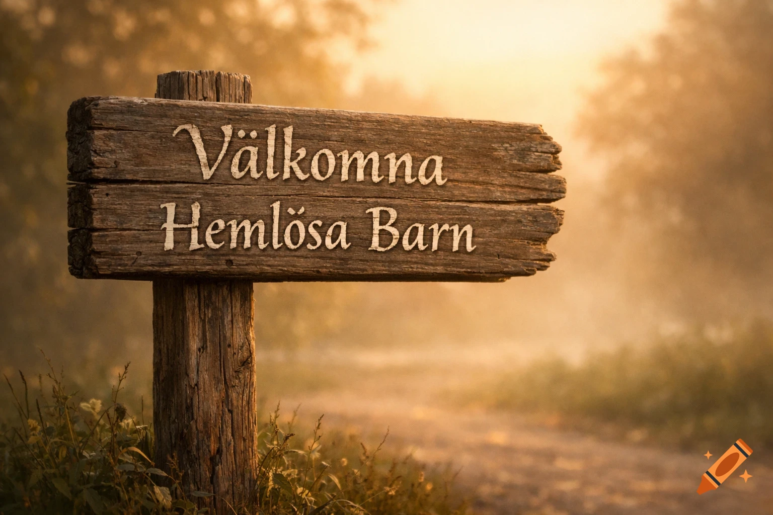 A rustic wooden sign reading 'Välkomna Hemlösa Barn' on a post, set on a misty path bathed in golden light.