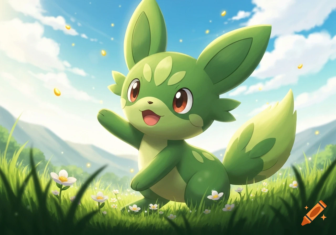 A cute green, cat-like Sprigatito Pokémon stands in a sunny grassy field with white flowers, raising its paw, in an anime style.