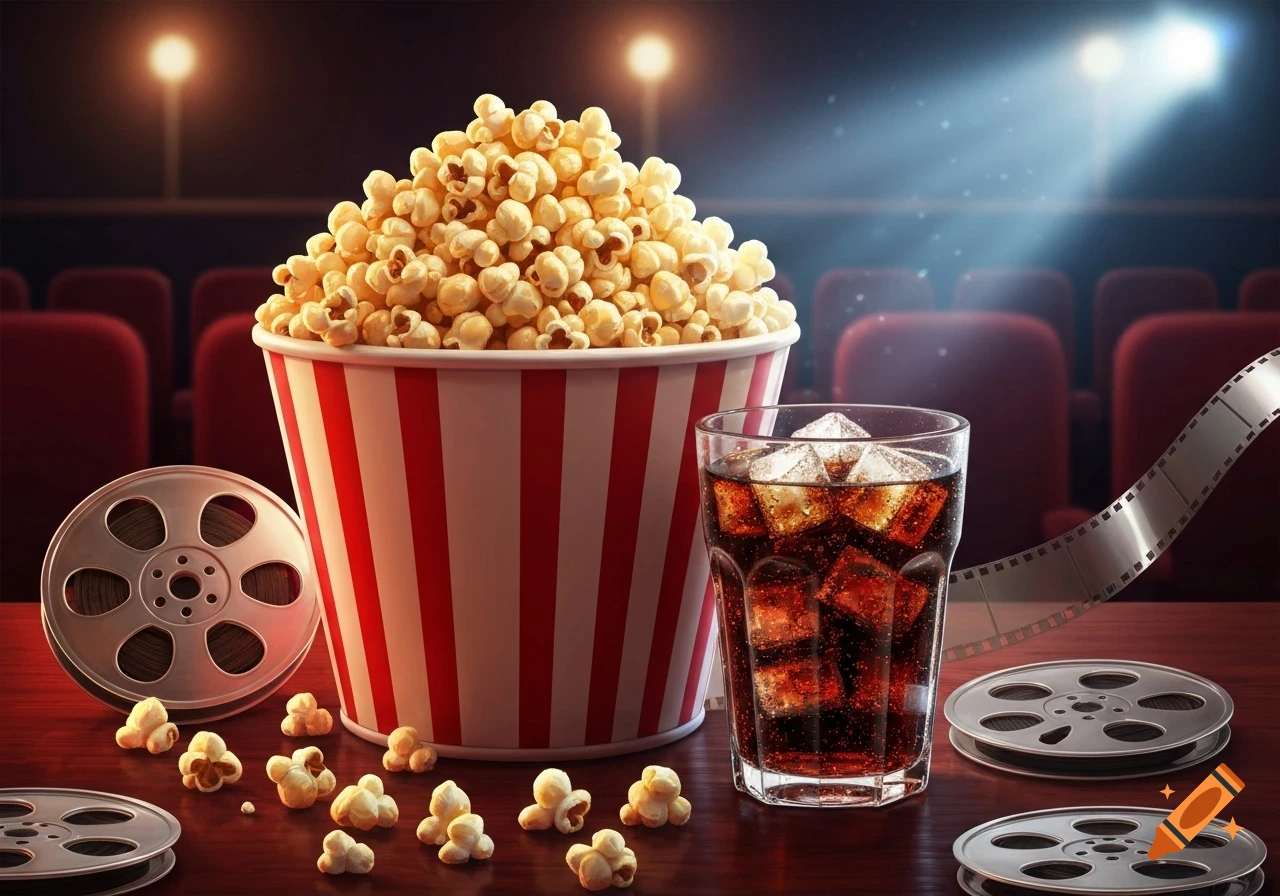A large bucket of popcorn and a glass of cola with ice on a wooden table in a dimly lit movie theater, with film reels beside them.
