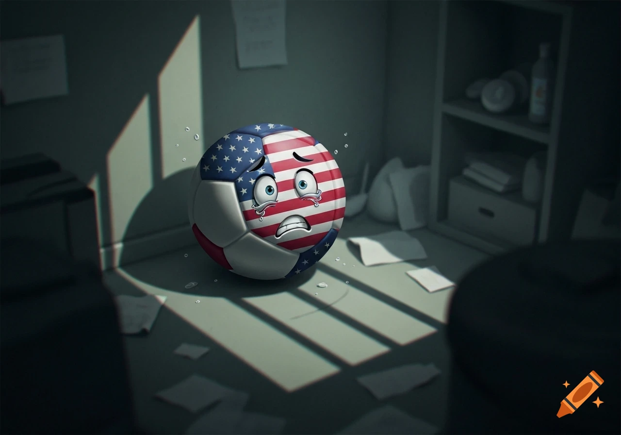 A crying cartoon soccer ball, styled with the American flag, sits in a dimly lit, messy room casting long shadows.