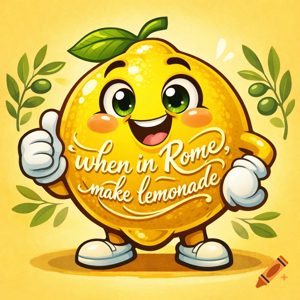 A cheerful cartoon lemon character gives a thumbs-up, with the text "when in Rome, make lemonade" on its body.