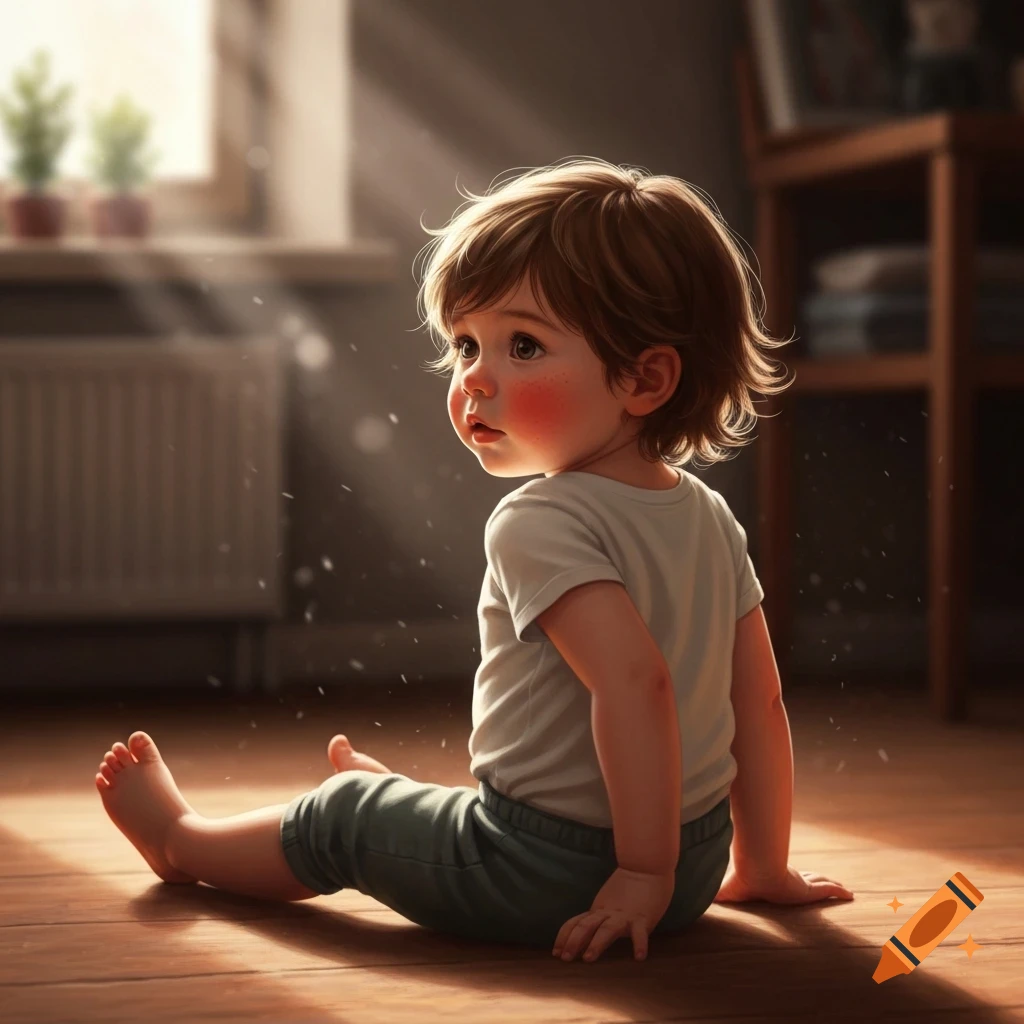 Photorealistic image of a young child with messy brown hair, sitting on a wooden floor in sunbeams, looking over their shoulder.