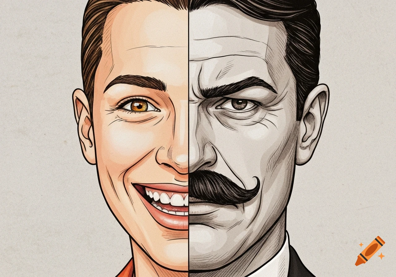 Illustration of a man's face split vertically, with a smiling, colorful side and a stern, grayscale mustached side.