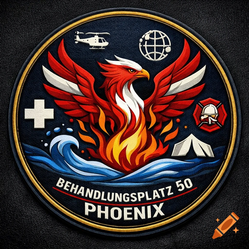 Circular patch with a phoenix rising from flames and waves, surrounded by symbols for helicopter, medical cross, fire department, and tent. Text reads "BEHANDLUNGSPLATZ 50 PHOENIX".