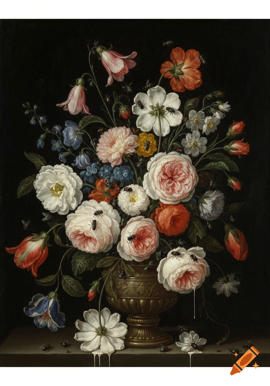 Oil painting of an abundant bouquet of flowers in a vase, some fresh, some withering, with flies scattered on them.