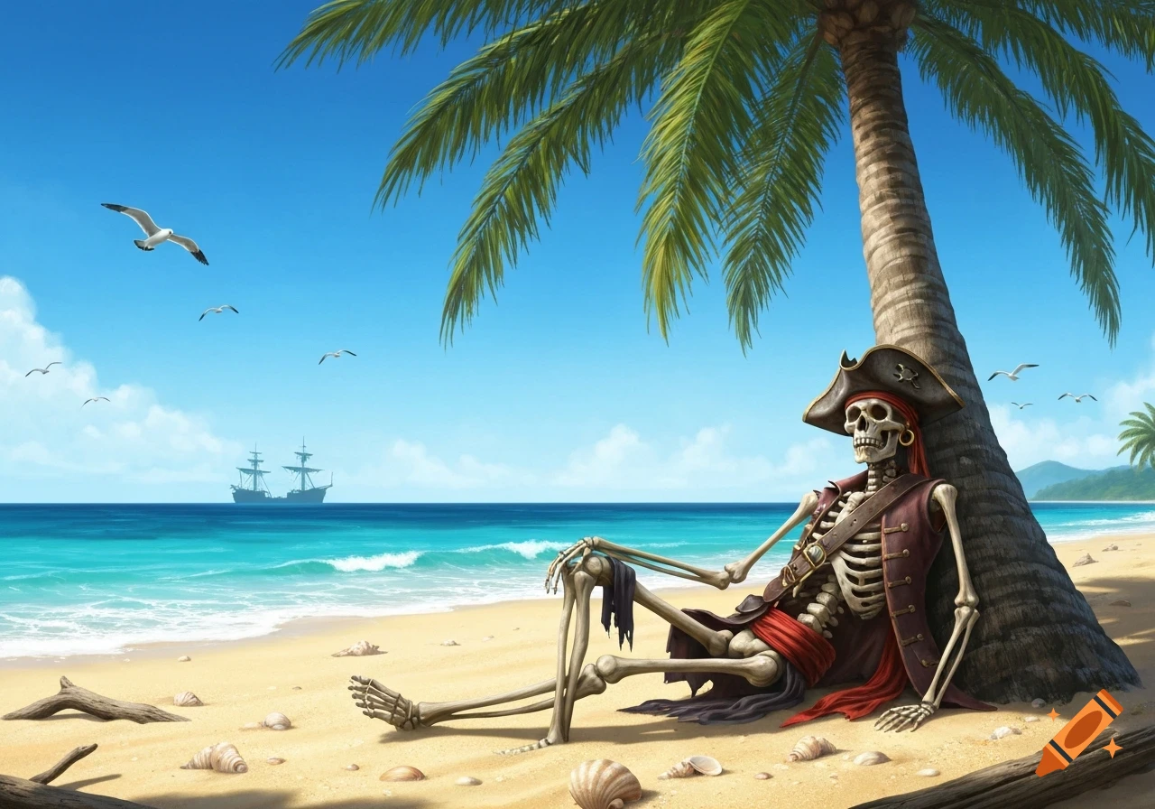 A pirate skeleton in a hat and coat leans against a palm tree on a sunny tropical beach with a ship and seagulls.