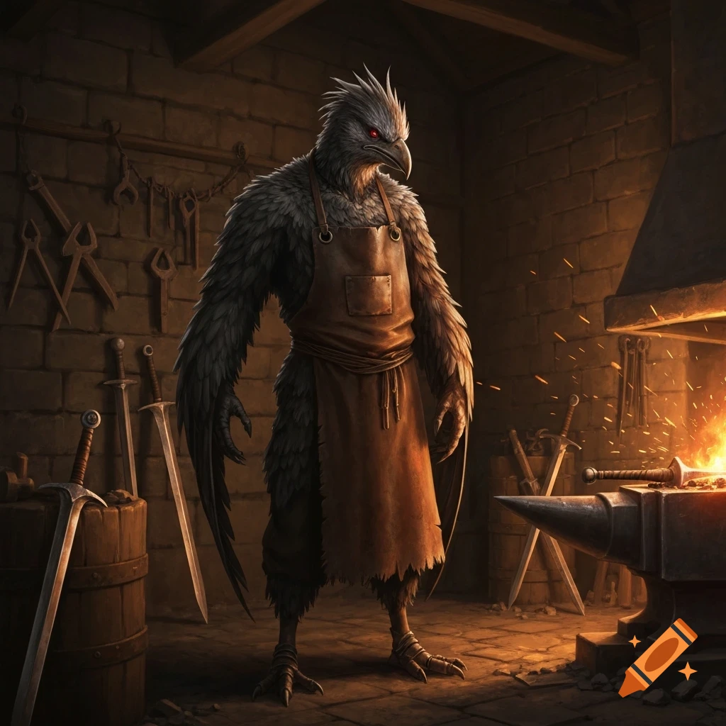 A feathered, bird-like humanoid in a blacksmith's apron stands in a dark stone forge with glowing embers and swords.