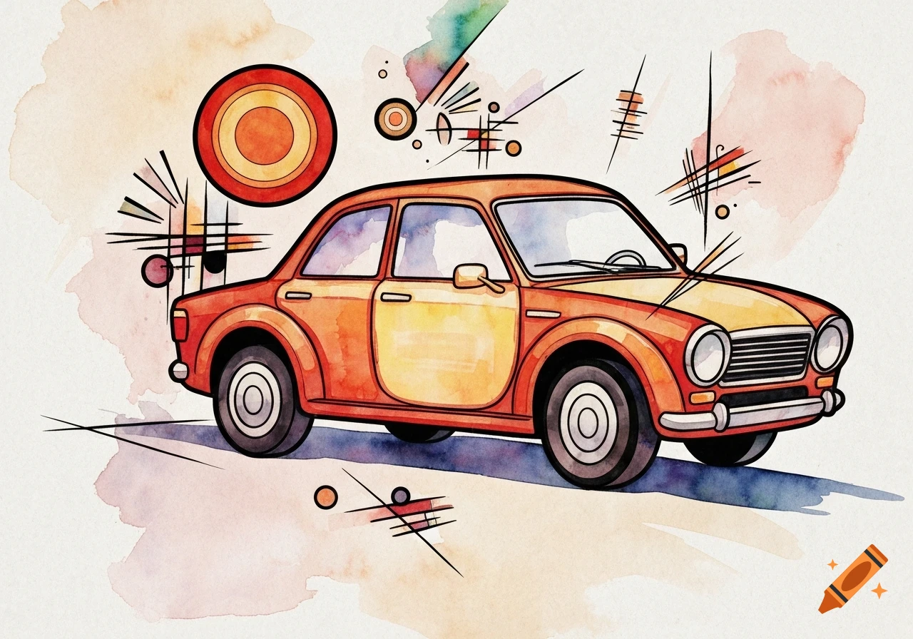 An abstract watercolor painting of an orange and yellow car with geometric circles and lines on a soft background.