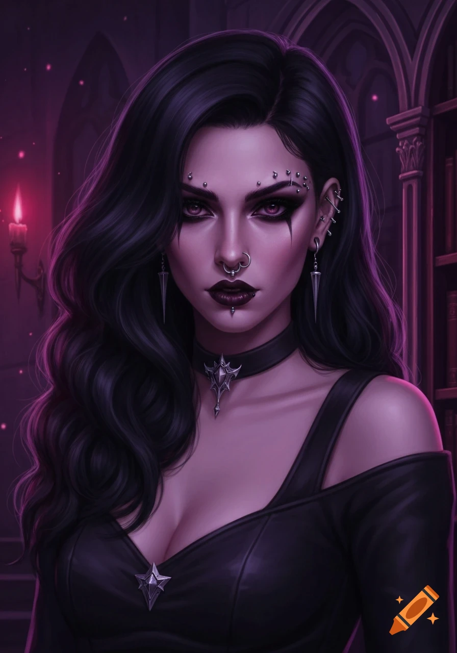 Digital art portrait of a goth woman with dark hair, dark makeup, and many facial piercings, wearing a black top in a gothic setting.
