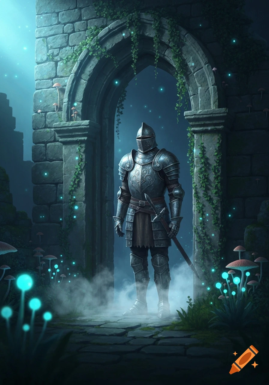 A knight in full plate armor stands under a moss-covered stone archway in a mystical, foggy forest with glowing blue mushrooms.