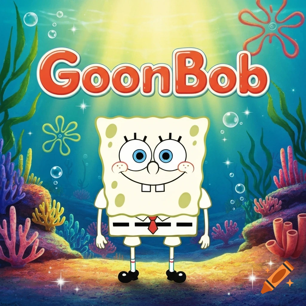 White SpongeBob character with big eyes and a smile stands underwater among colorful coral and seaweed, with 'GoonBob' written above.