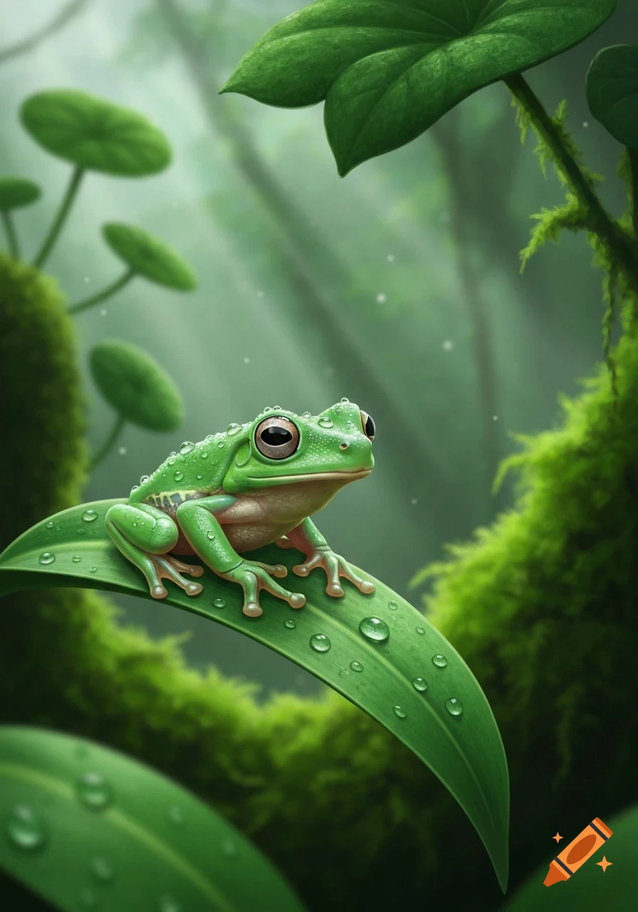 A vibrant green frog with water droplets on its skin sits on a large green leaf in a lush, misty forest.