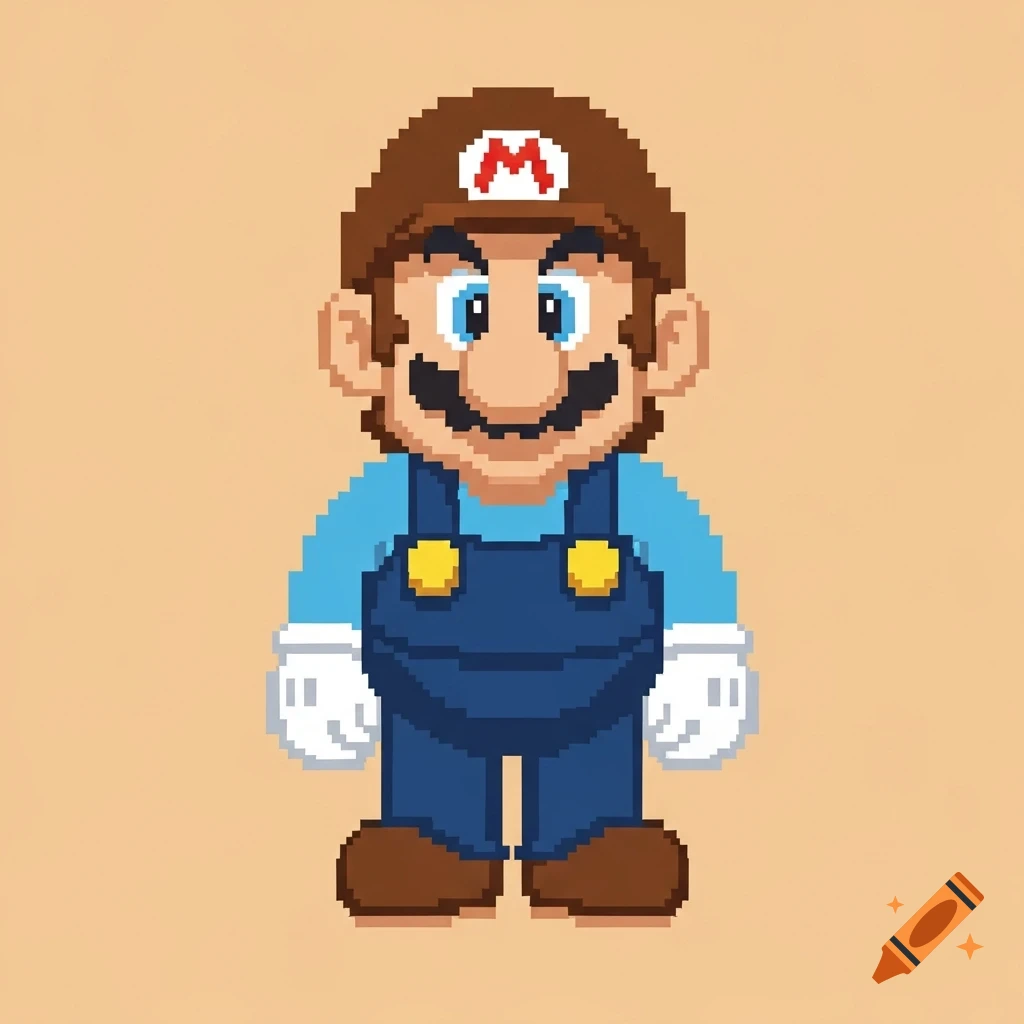 A pixel art rendition of Mario in a blue shirt, dark blue overalls, and a brown hat with a red 'M' symbol, standing in an idle pose on a light brown background.