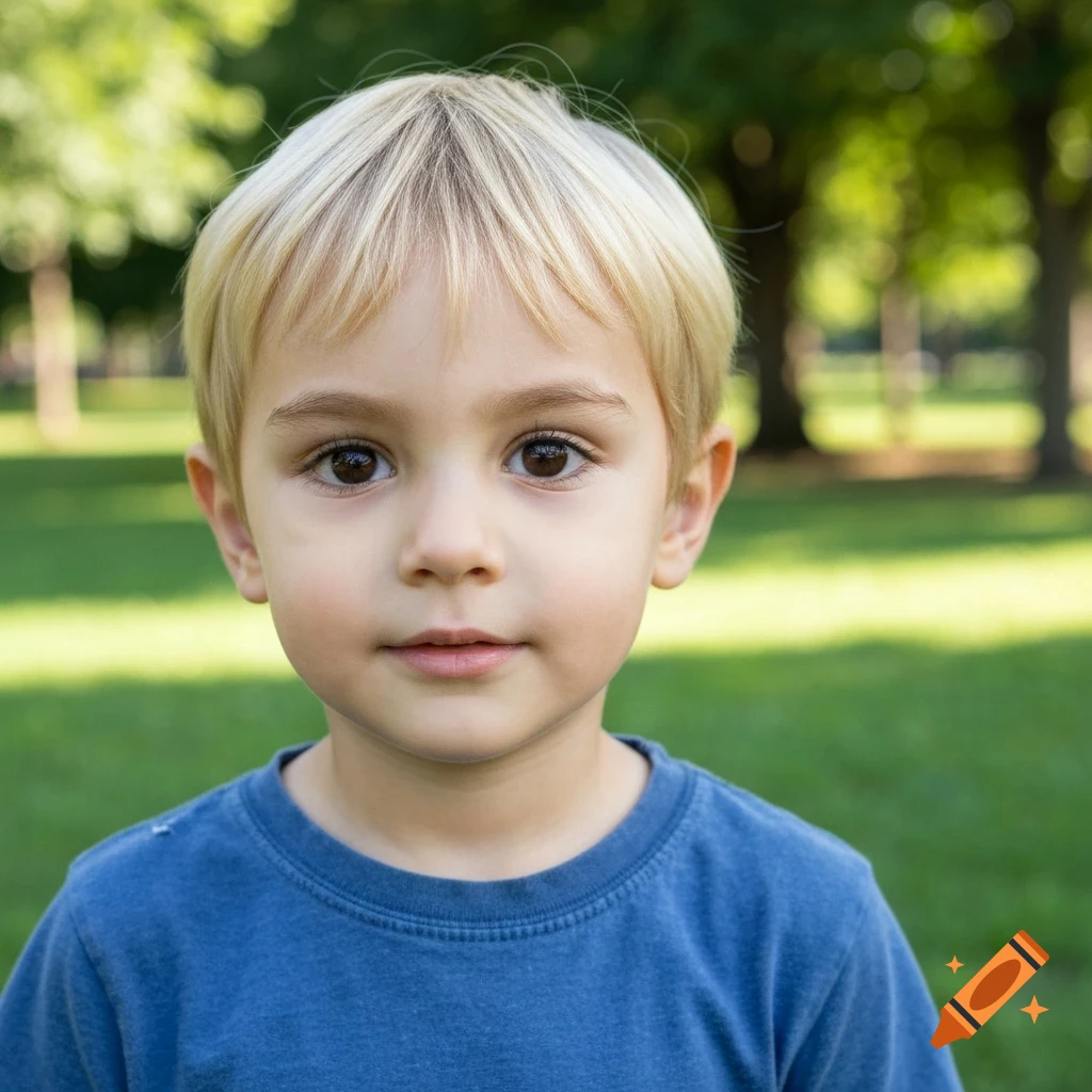 Close-up of a young boy with blond hair and dark eyes looking directly forward, in a park setting.
