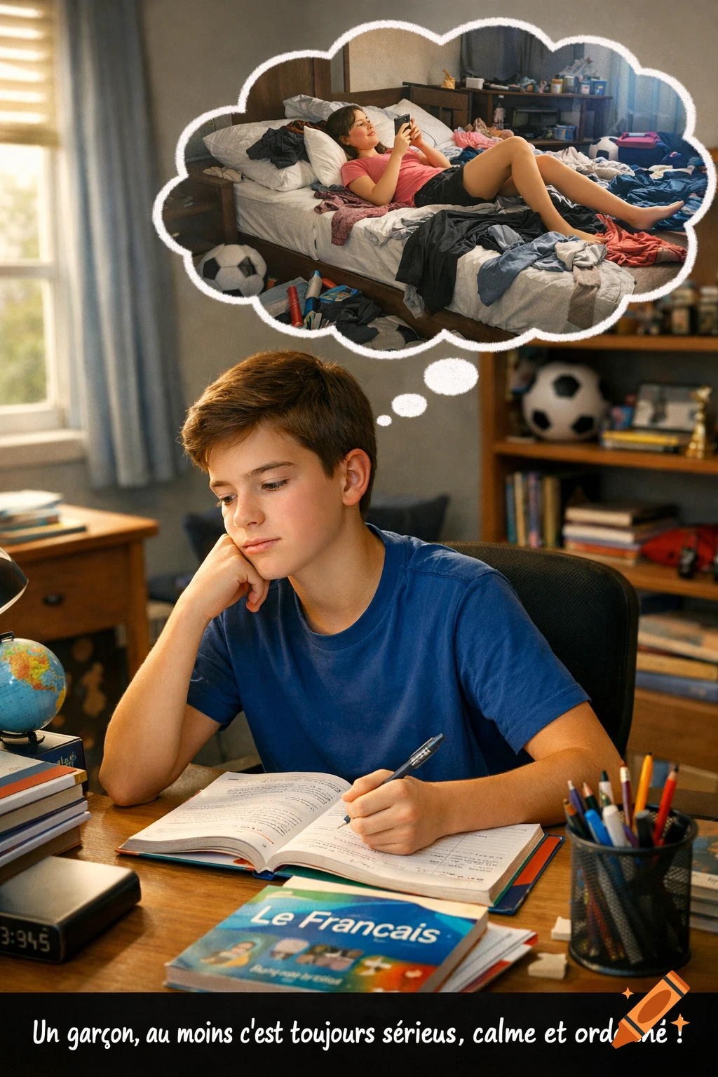 A studious young boy sits at a desk, writing in a French textbook. Above his head, a thought bubble shows a girl relaxing in a messy bedroom.