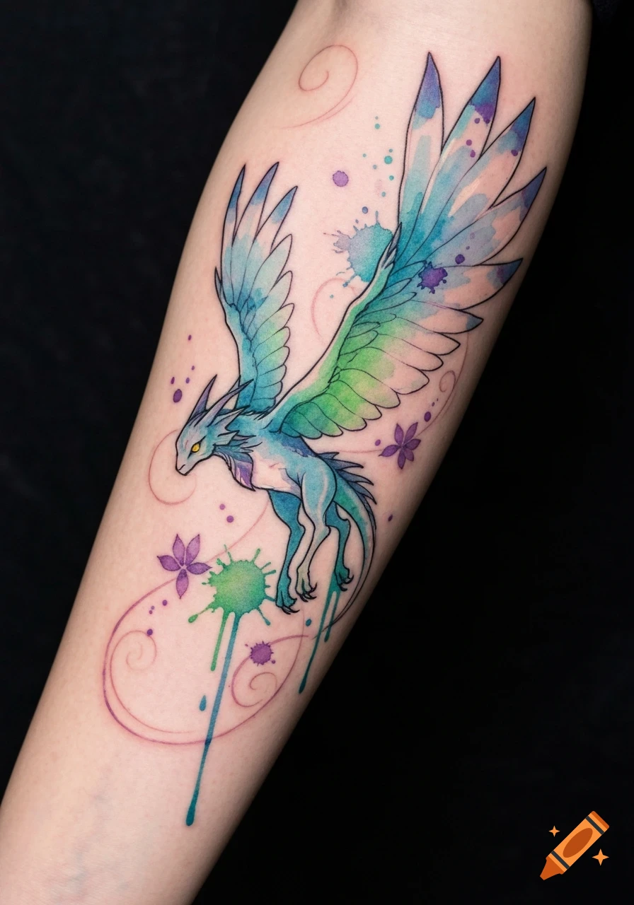 A watercolor style tattoo of a blue and green winged Ikran creature on a forearm, surrounded by purple and green paint splashes.