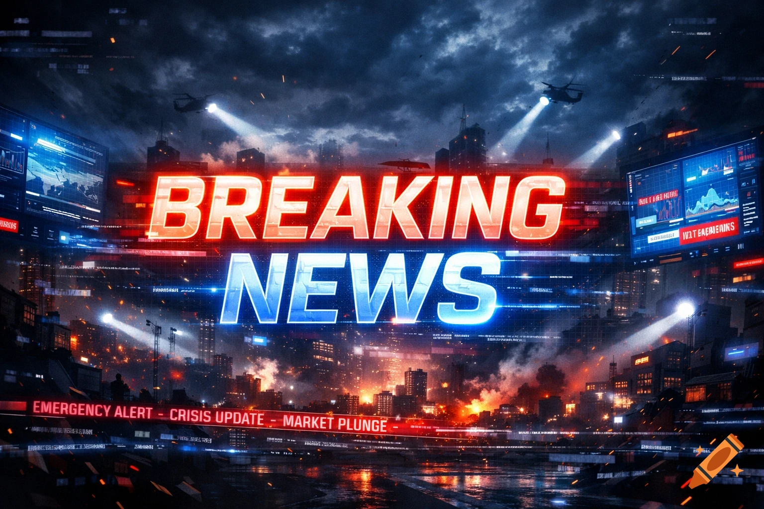 Vibrant 'BREAKING NEWS' text over a dark, urgent cityscape with glowing screens, helicopters, and an emergency ticker.