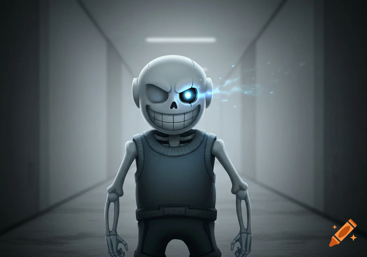 Cartoonish skeleton character, Sans, with a wide grin and a glowing blue eye, stands menacingly in a dark, empty hallway.