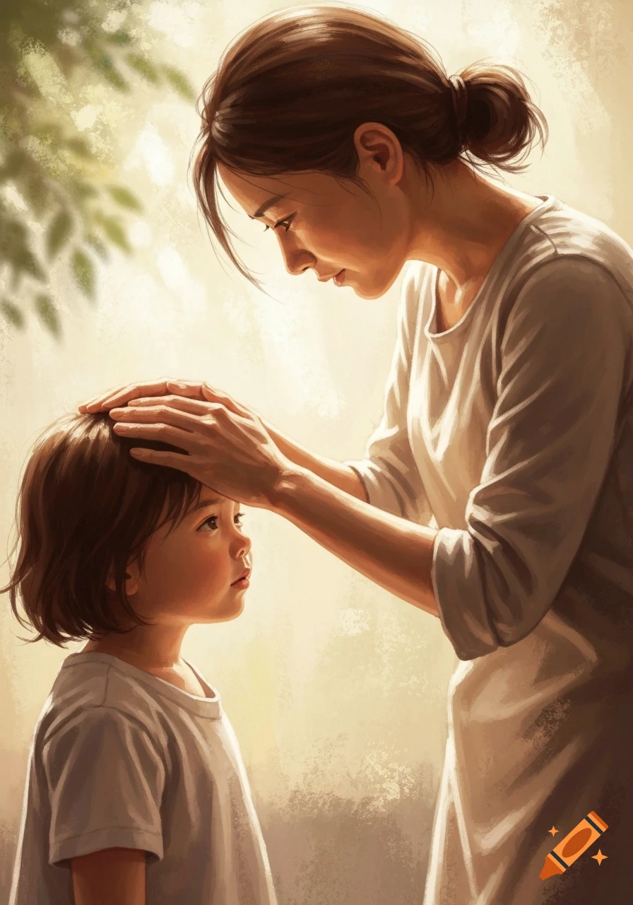 An illustration of a woman gently placing her hands on a child's head, looking at them tenderly.