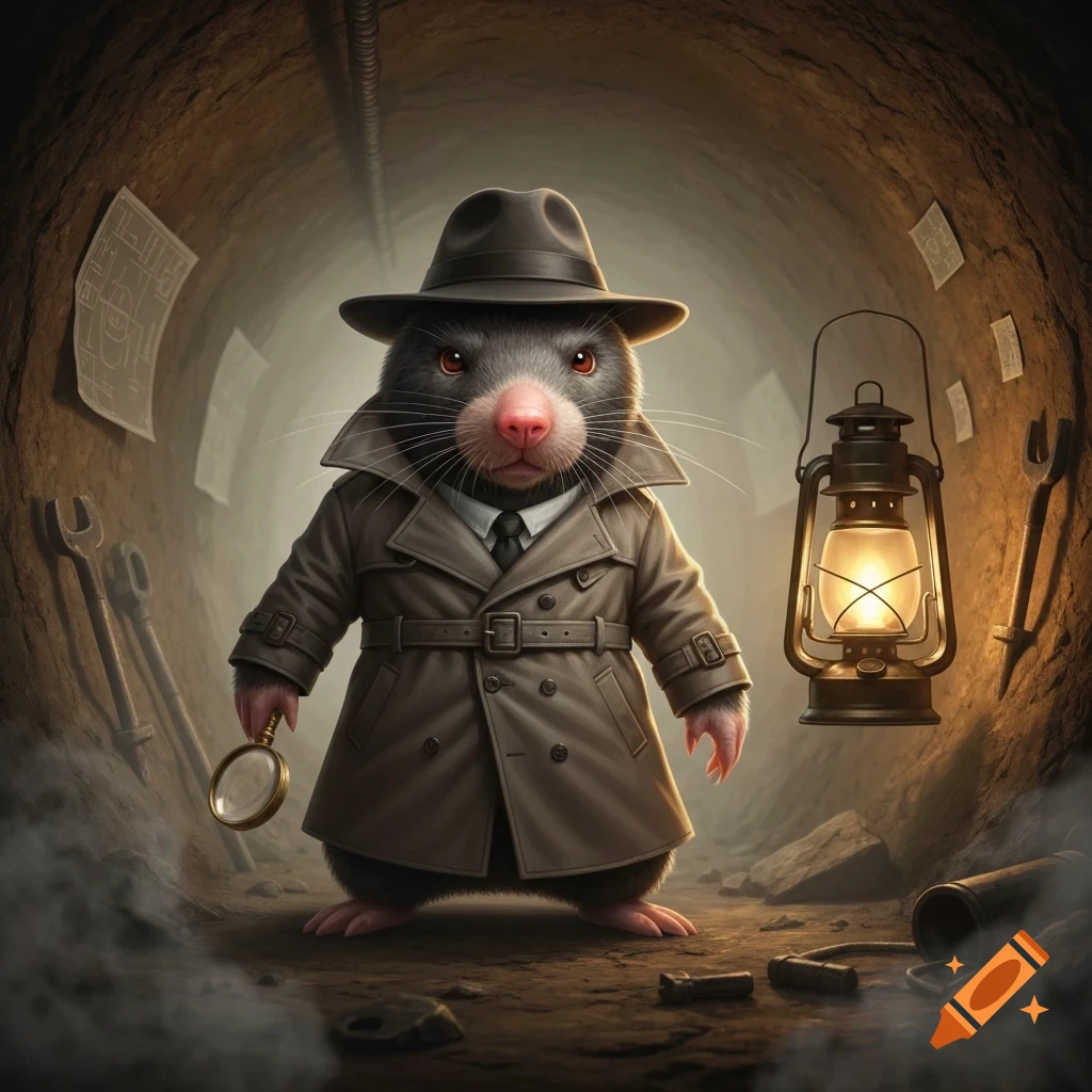 An anthropomorphic mole detective in a trench coat and fedora holds a magnifying glass in a dimly lit underground tunnel.