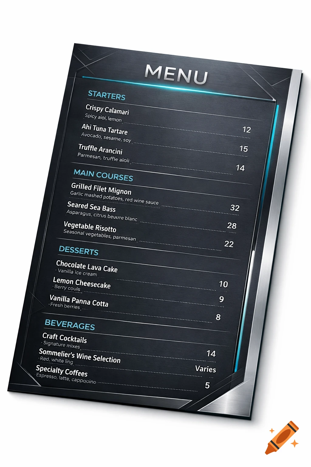 A modern, dark-themed restaurant menu with a brushed metal look and blue accents, listing starters, main courses, desserts, and beverages with prices.