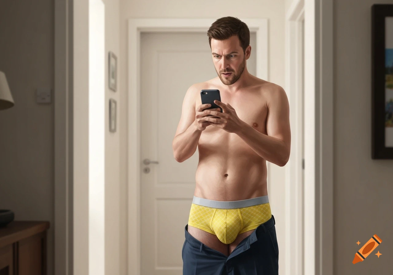 A man in yellow boxer briefs and lowered navy pants looks confused while scrolling on his phone in a hallway.