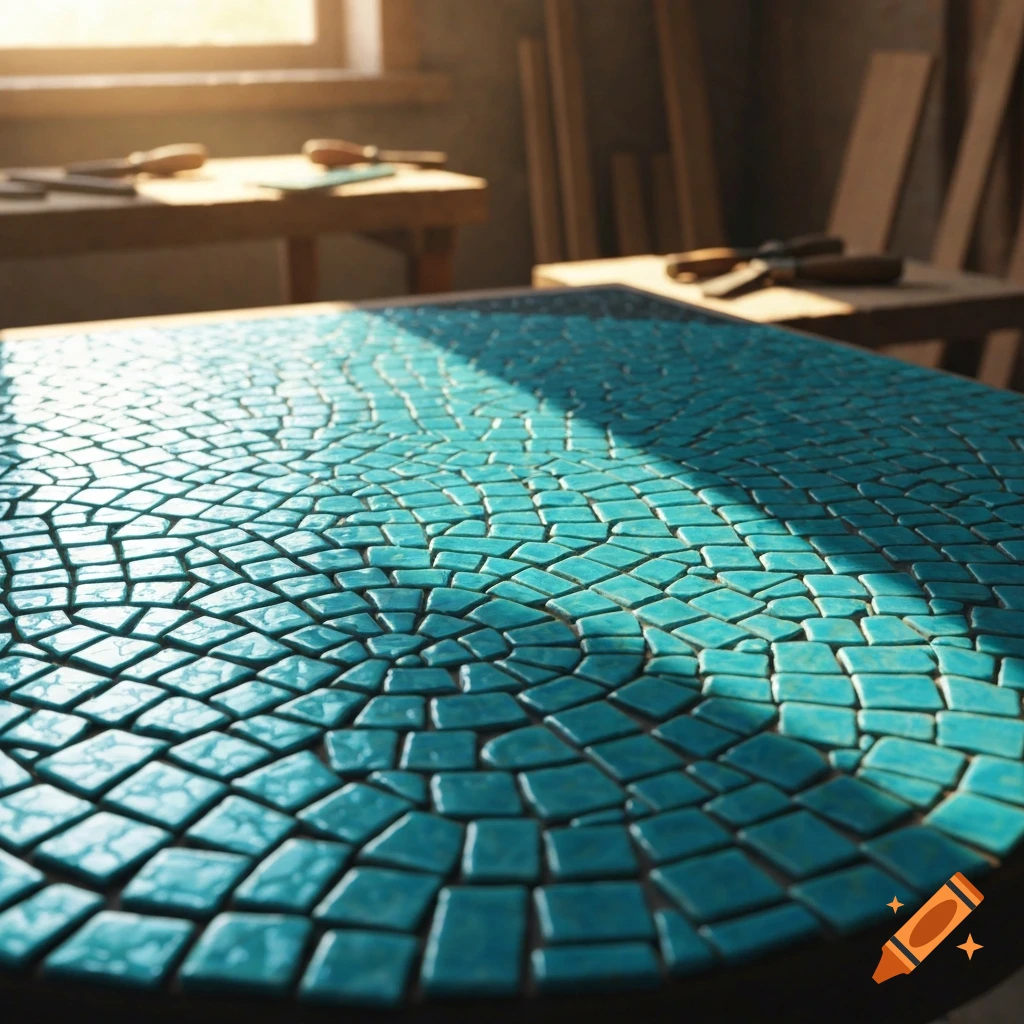Close-up of a table with turquoise mosaic tiles, partially bathed in sunlight, in a workshop setting.
