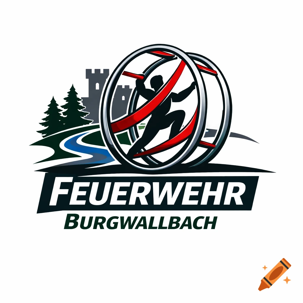 Modern logo with a person in a Rh Hnrad, a castle, trees, and a river, with 'FEUERWEHR BURGWALLBACH' text.