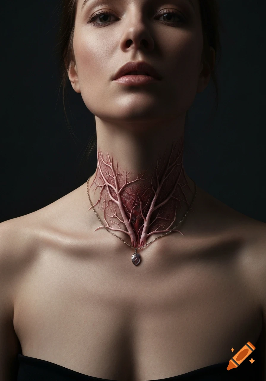 Close-up portrait of a woman with a necklace that merges into pink, vein-like structures on her neck and upper chest.