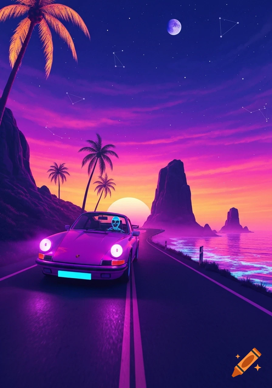 A synthwave landscape with a purple car driven by a blue alien on a coastal road at sunset, with palm trees and a starry sky.