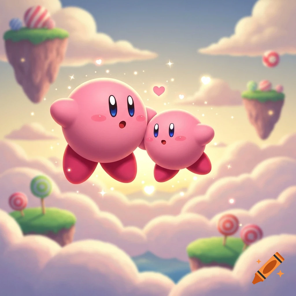Two pink, round, Kirby-like creatures float affectionately in a dreamy sky with soft clouds, sparkling lights, and candy islands.