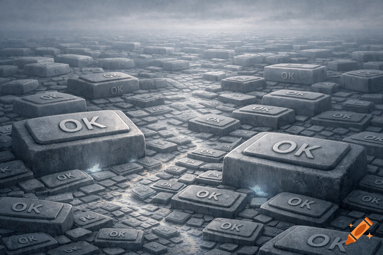 A surreal, misty landscape filled with countless gray stone 'OK' buttons of various sizes.
