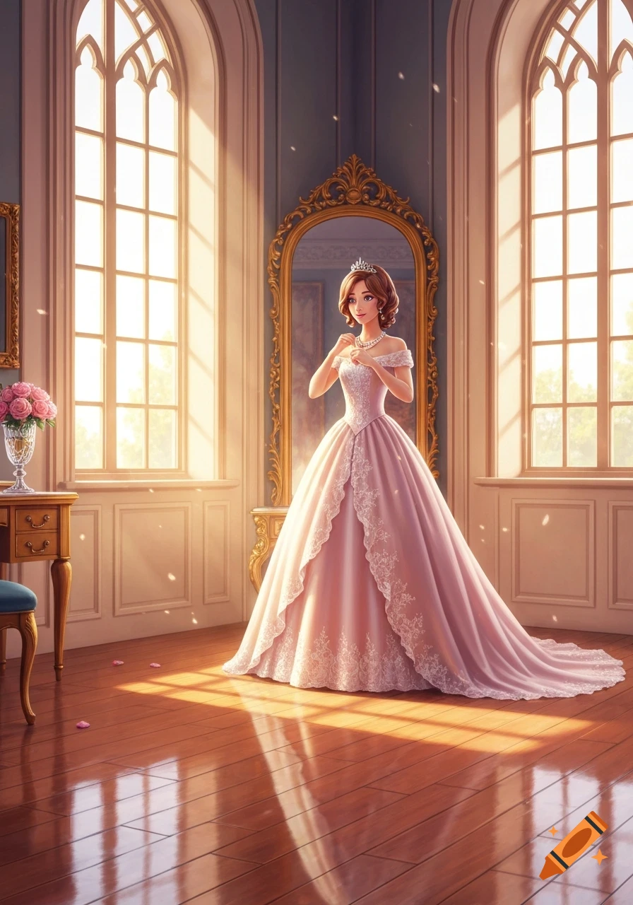 An illustrated princess in a pink ballgown adjusts her pearl necklace in an elegant room with arched windows and a golden mirror.