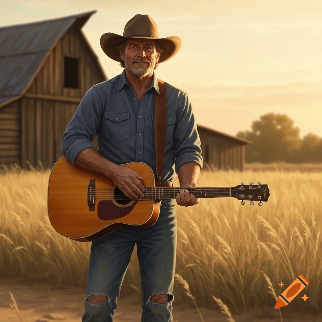 A man in a cowboy hat and denim shirt holds an acoustic guitar in a field with barns at sunset.