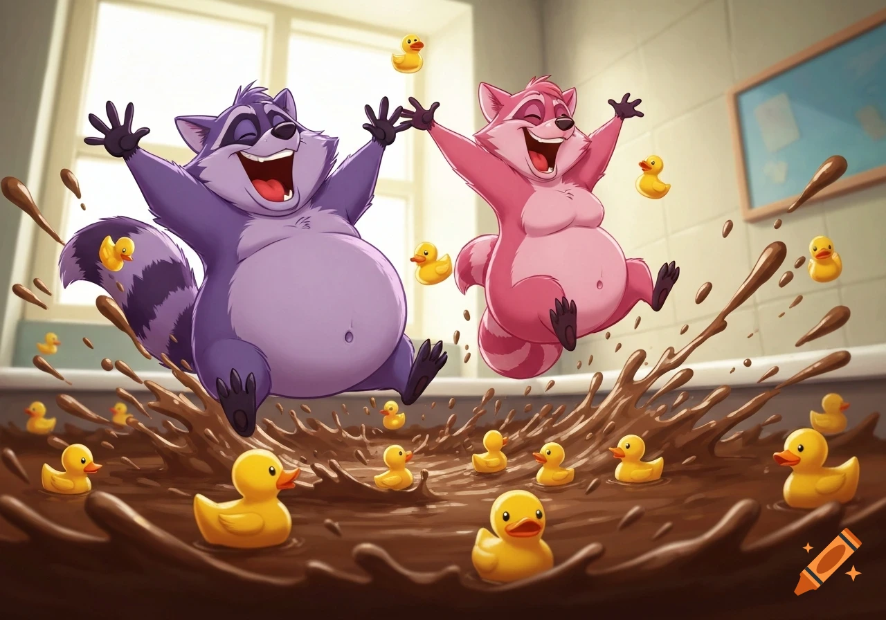 A purple and a pink cartoon raccoon are laughing and jumping playfully in a mud bath filled with yellow rubber duckies in a bathroom.